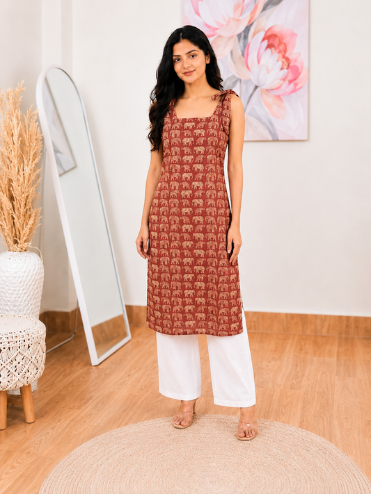 Cotton Rust Pink Pure Elephant Print Kurti – Artistic Cultural Charm (S–5XL)(Only Kurti)