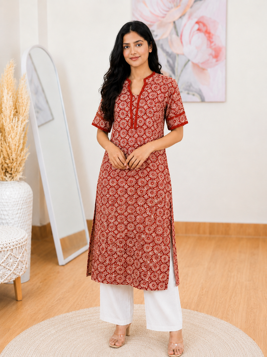 Cotton Brick Blossom Long Kurti – Elegant Everyday Charm (Only Kurti) (S–5XL)