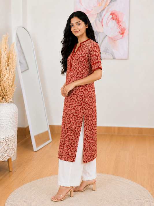 Cotton Brick Blossom Long Kurti – Elegant Everyday Charm (Only Kurti) (S–5XL)