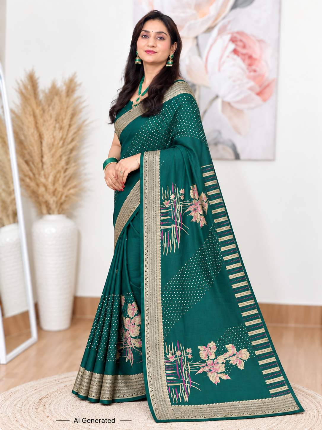 Green Floral Soft Silk Banarasi Saree – Luxurious Festive Elegance