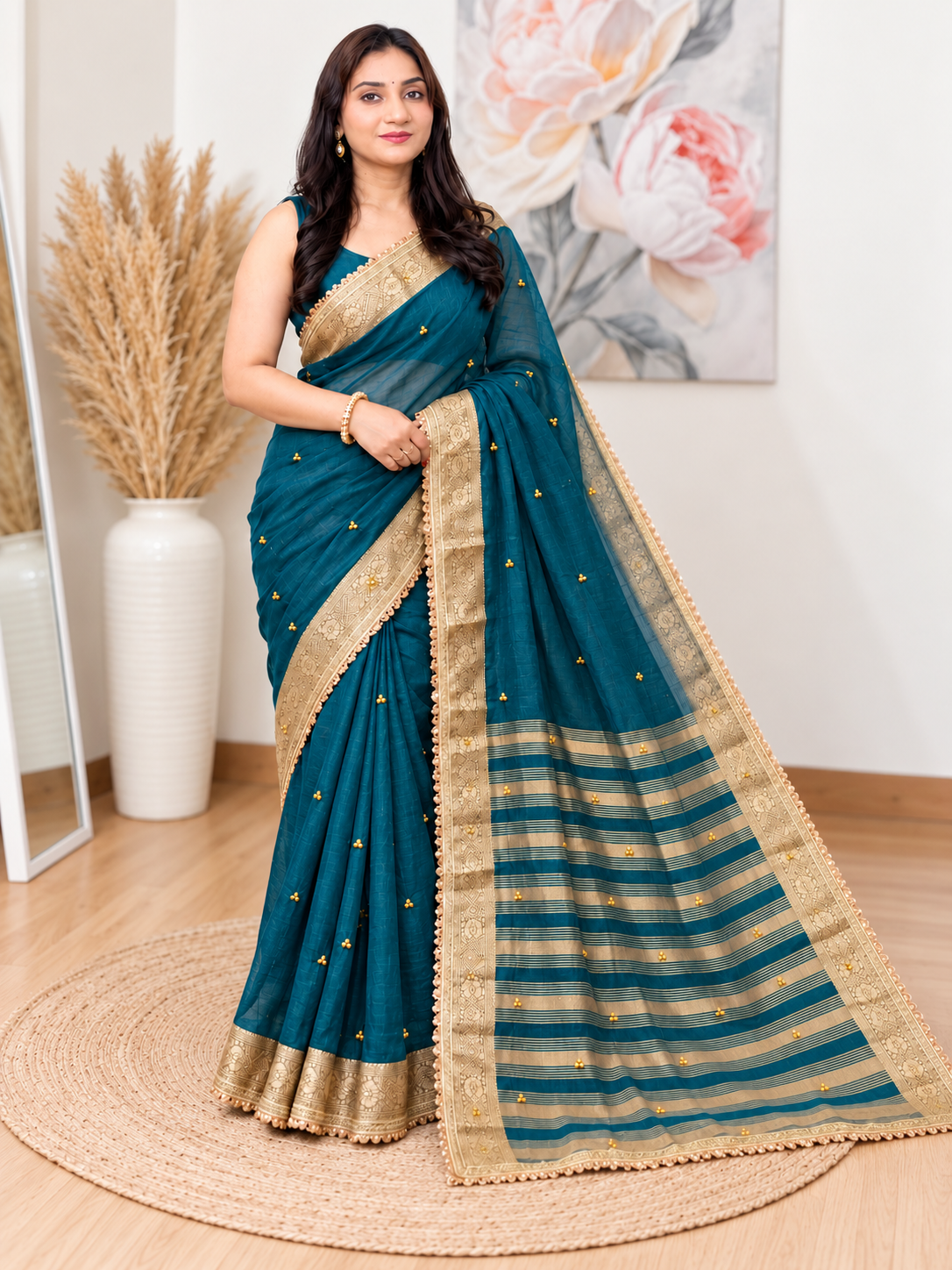 Teal Ghunghroo Organza Saree – Festive Wear