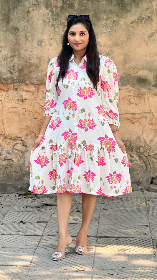 Floral Off-White Dress – Rayon Cotton Garden-Party Dress