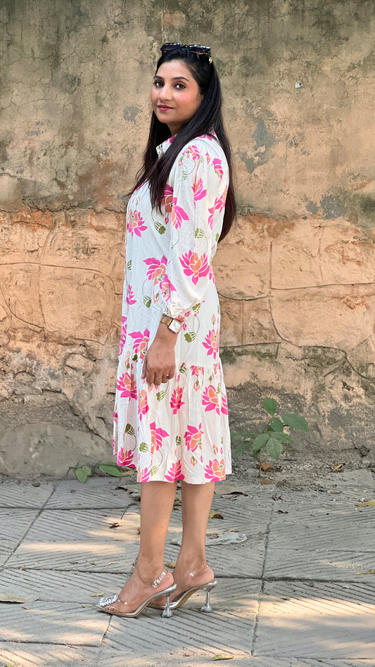 Floral Off-White Dress – Rayon Cotton Garden-Party Dress