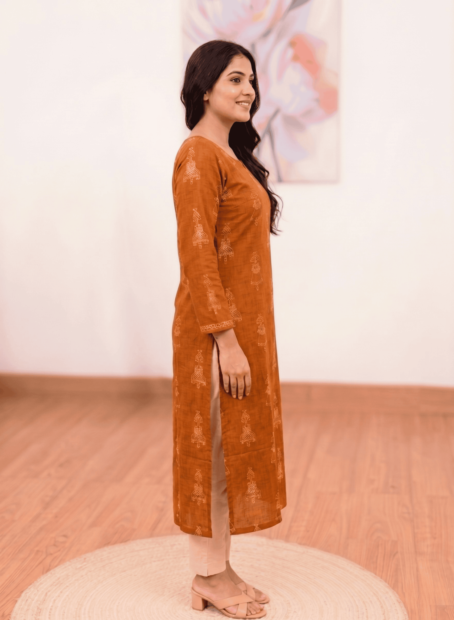 Cotton Rust Orange Long Kurti – Earthy Warm Elegance (S–5XL)(Only Kurti)