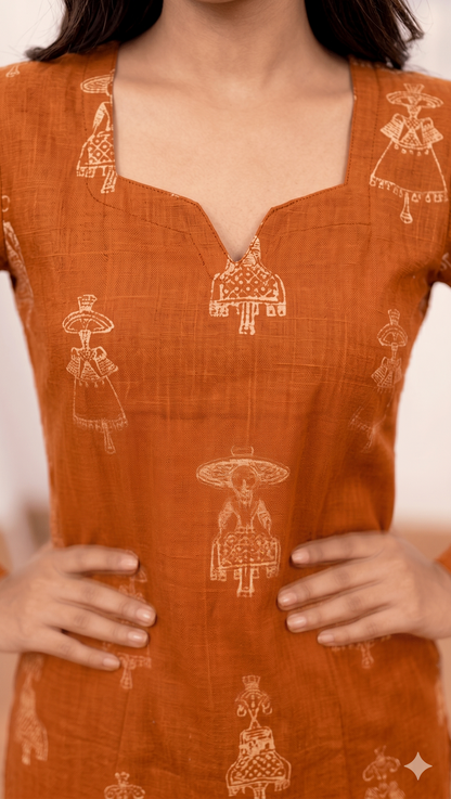 Cotton Rust Orange Long Kurti – Earthy Warm Elegance (S–5XL)(Only Kurti)