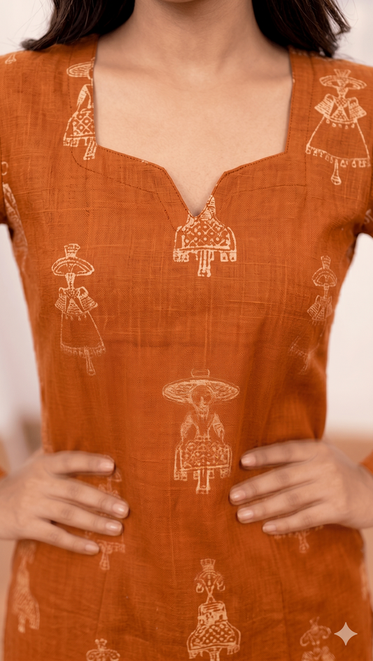 Cotton Rust Orange Long Kurti – Earthy Warm Elegance (S–5XL)(Only Kurti)