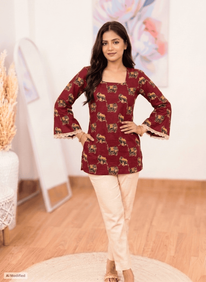 Cotton Maroon Majestic Short Kurti – Regal Versatile Charm (Only Kurti) (S–5XL)