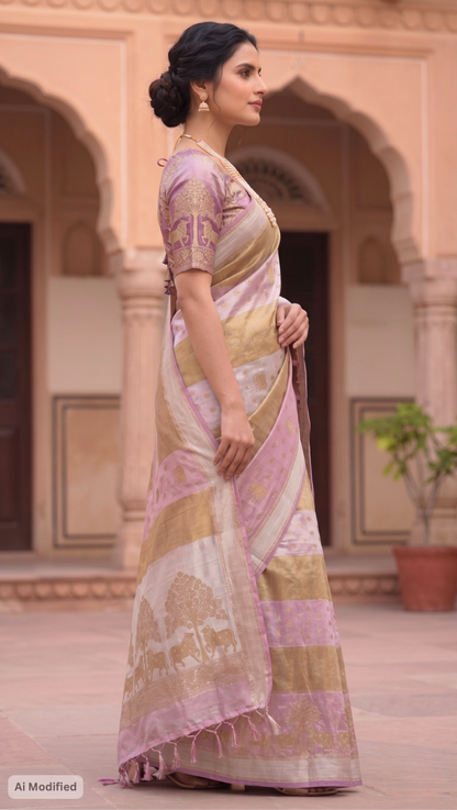 Soft Silk Pink and Gold Banarasi Saree – Luxe Festive Royal Elegance (One Size)
