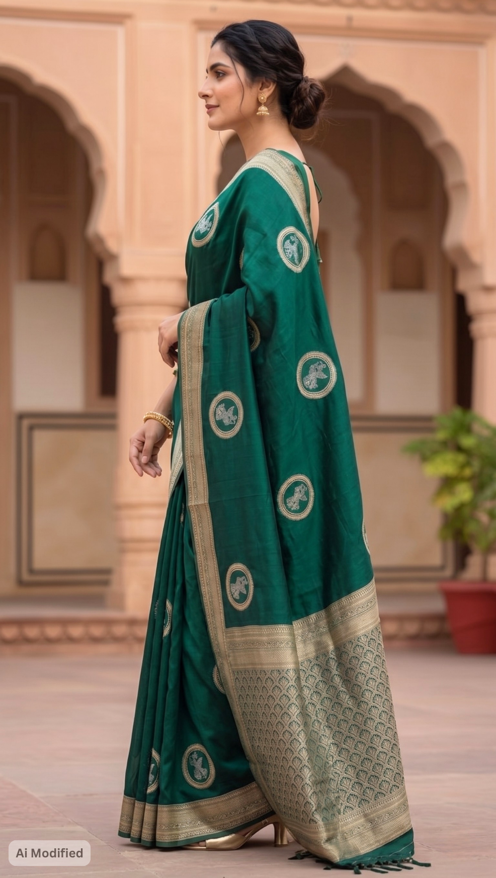 Banarasi Soft Silk Bottle Green Saree – Timeless Luxe Heritage Elegance (One Size)