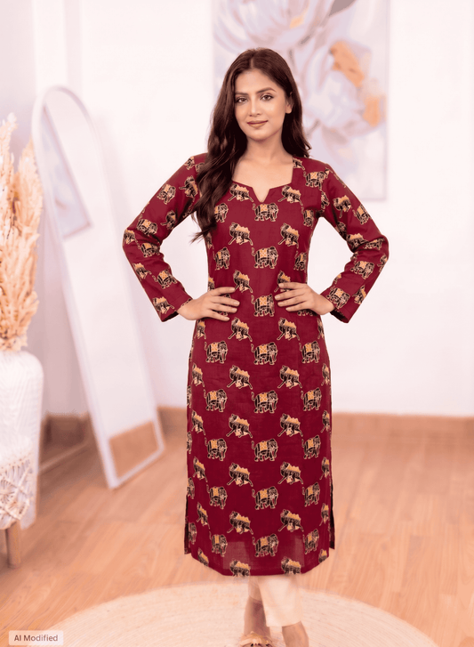 Cotton Hand-Block Print Maroon Kurti – Artisanal Heritage Elegance (S–5XL)(Only Kurti)