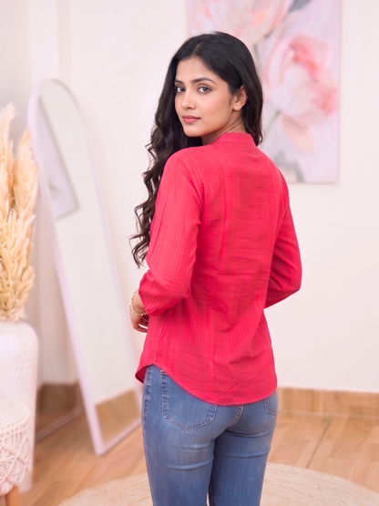 Cotton Rose Pink Textured Shirt Tunic – Romantic Modern Ethnic Versatility (Only Kurti) (S–5XL)