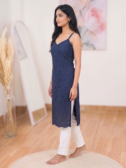 Cotton Navy Blue Hakoba Embroidered Kurti – Elegant Everyday Sophistication (Only Kurti) (S–5XL)
