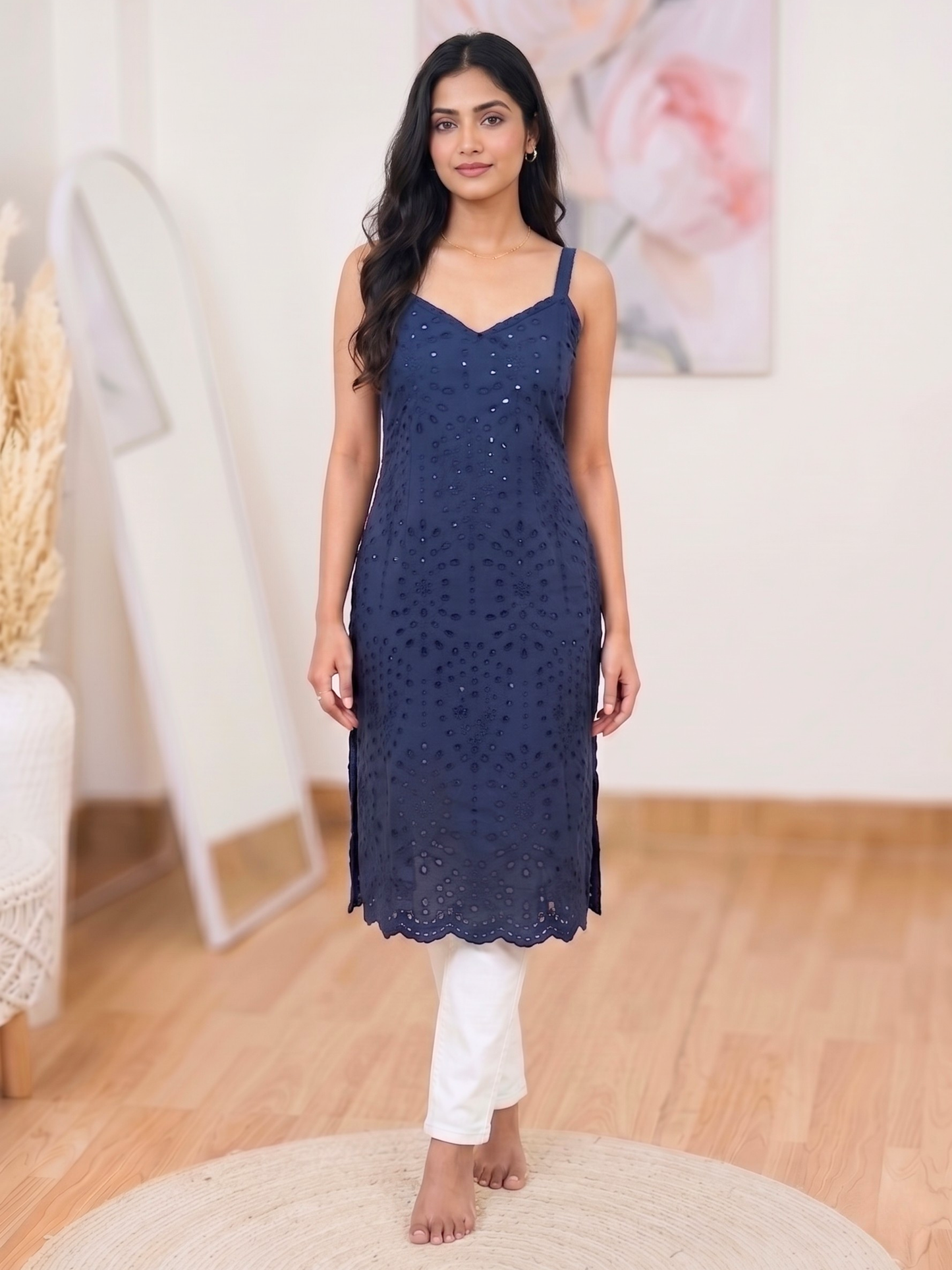 Cotton Navy Blue Hakoba Embroidered Kurti – Elegant Everyday Sophistication (Only Kurti) (S–5XL)
