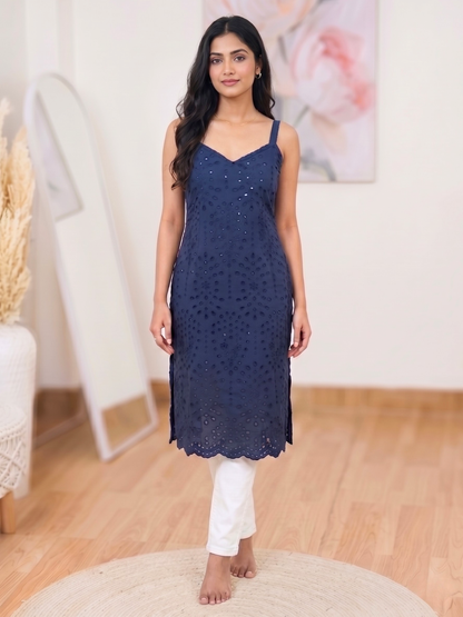Cotton Navy Blue Hakoba Embroidered Kurti – Elegant Everyday Sophistication (Only Kurti) (S–5XL)