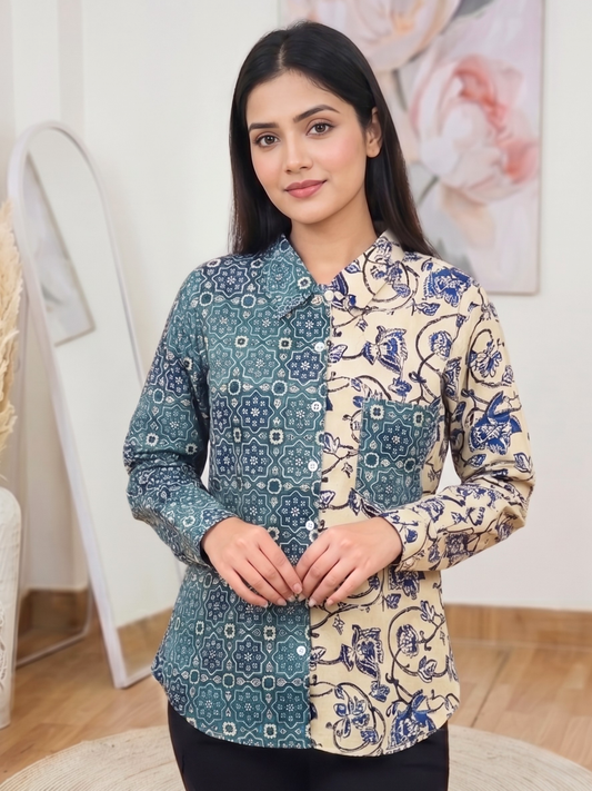 Cotton Teal & Cream Dual-Print Shirt Kurti – Modern Fusion Ethnic Versatile (Only Shirt Kurti) (S–5XL)