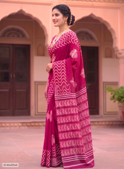 Cotton Magenta Magic Saree – Vibrant Festive Elegance (One Size)