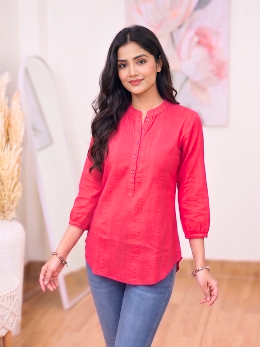 Cotton Rose Pink Textured Shirt Tunic – Romantic Modern Ethnic Versatility (Only Kurti) (S–5XL)