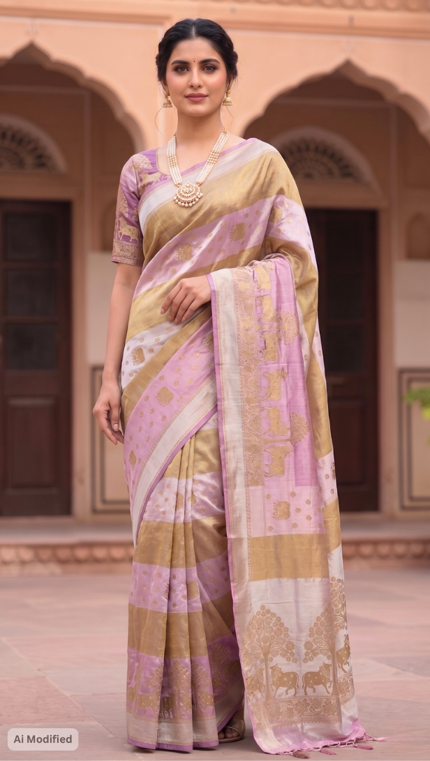Soft Silk Pink and Gold Banarasi Saree – Luxe Festive Royal Elegance (One Size)