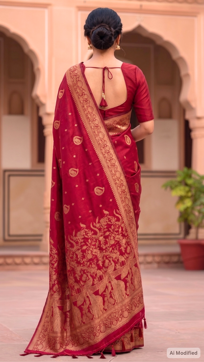 Soft Silk Red Banarasi Katan Saree – Timeless Bridal Royal Elegance (One Size)