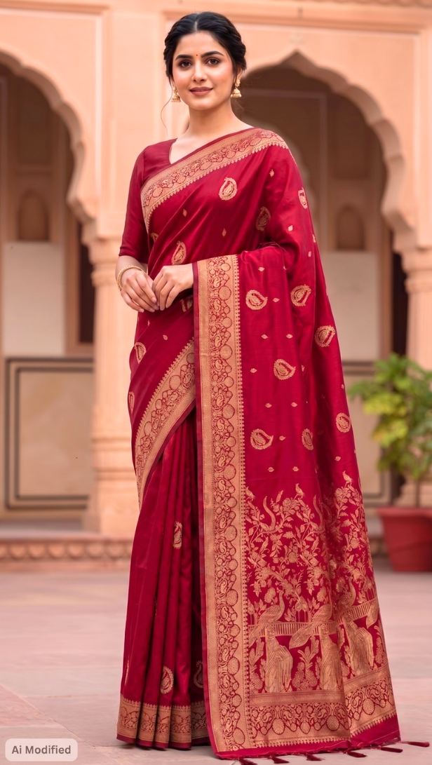 Soft Silk Red Banarasi Katan Saree – Timeless Bridal Royal Elegance (One Size)
