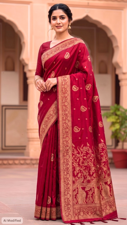 Soft Silk Red Banarasi Katan Saree – Timeless Bridal Royal Elegance (One Size)