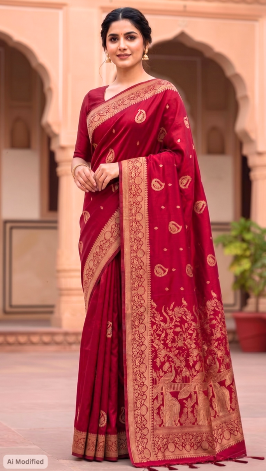 Soft Silk Red Banarasi Katan Saree – Timeless Bridal Royal Elegance (One Size)