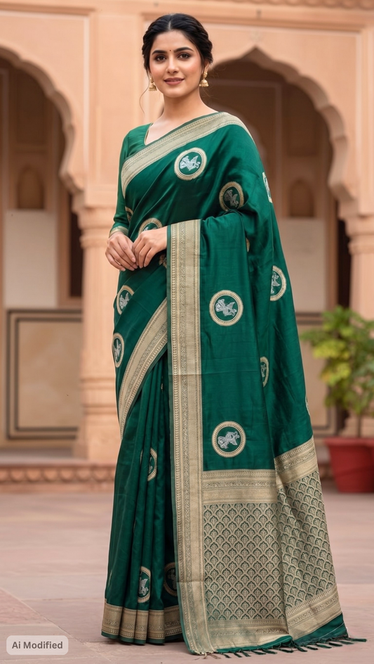 Banarasi Soft Silk Bottle Green Saree – Timeless Luxe Heritage Elegance (One Size)