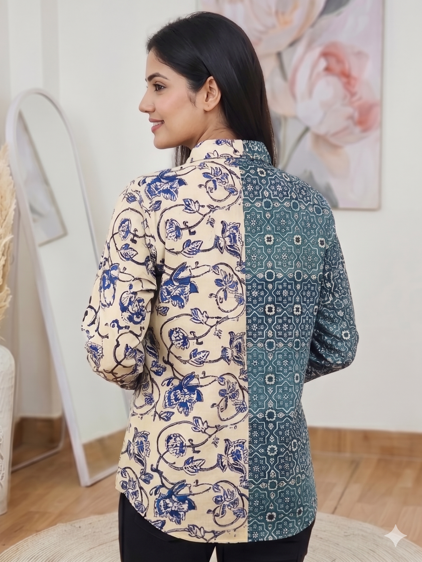 Cotton Teal & Cream Dual-Print Shirt Kurti – Modern Fusion Ethnic Versatile (Only Shirt Kurti) (S–5XL)