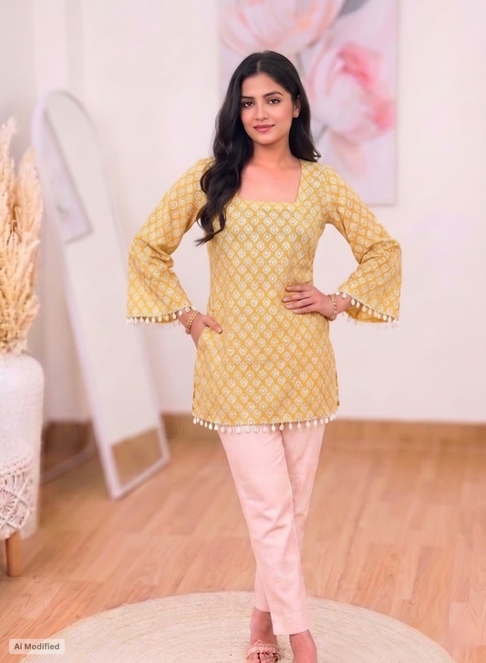 Cotton Golden Grid Kurti – Modern Sophisticated Elegance (Only Kurti) (S–5XL)