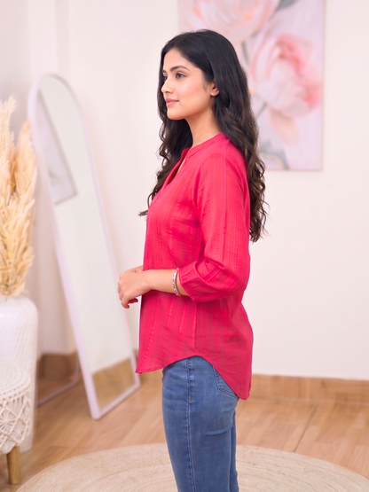 Cotton Rose Pink Textured Shirt Tunic – Romantic Modern Ethnic Versatility (Only Kurti) (S–5XL)