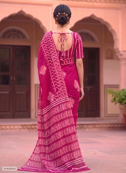 Cotton Magenta Magic Saree – Vibrant Festive Elegance (One Size)