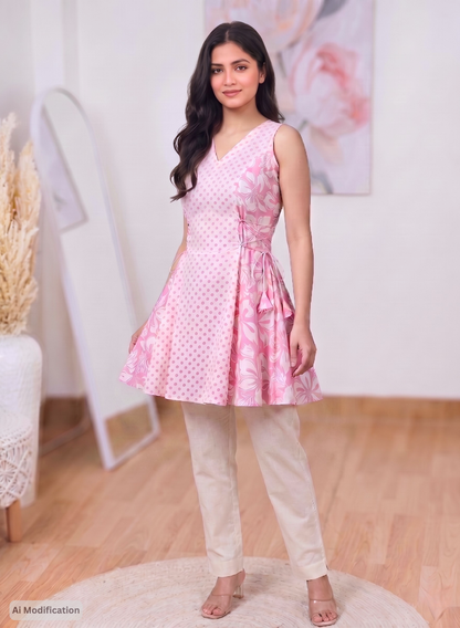Cotton Pink Angrakha Short Kurti – Feminine Traditional Charm (Only Kurti) (S–5XL)