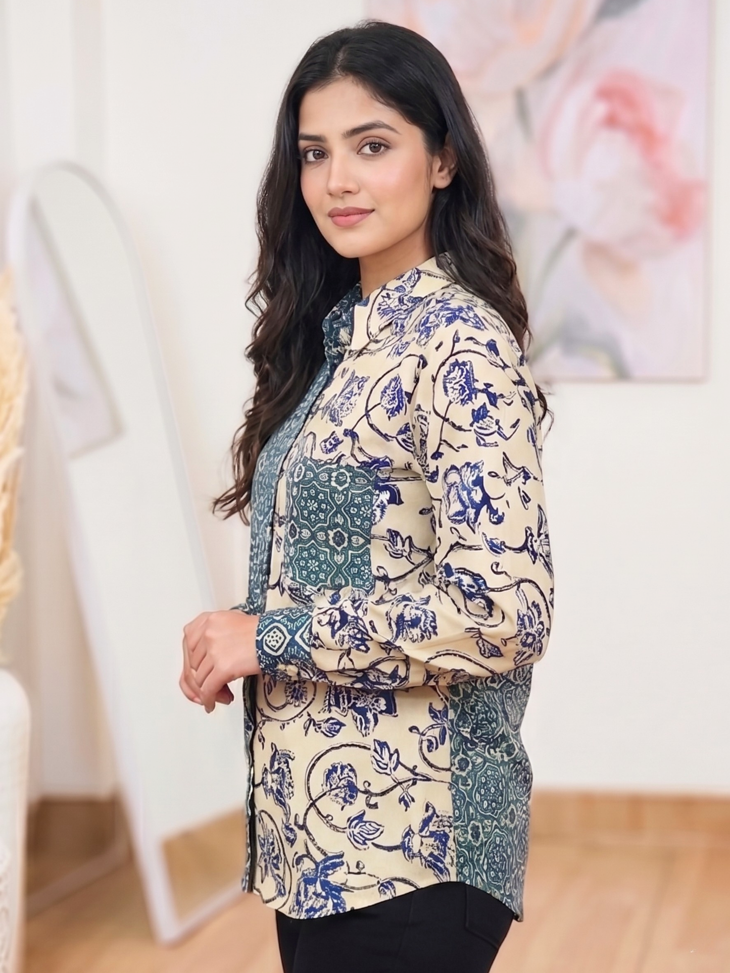 Cotton Teal & Cream Dual-Print Shirt Kurti – Modern Fusion Ethnic Versatile (Only Shirt Kurti) (S–5XL)