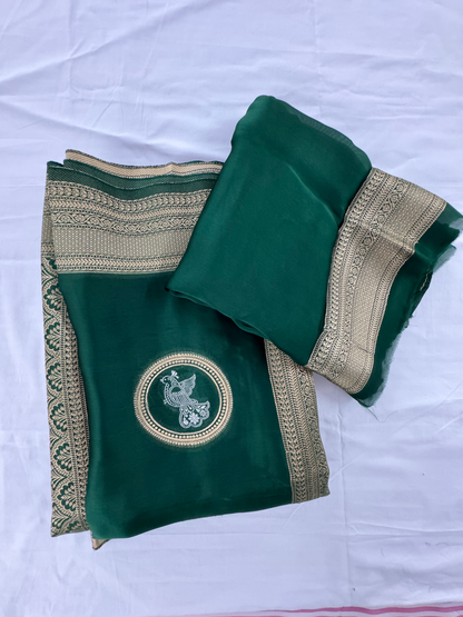 Banarasi Soft Silk Bottle Green Saree – Timeless Luxe Heritage Elegance (One Size)