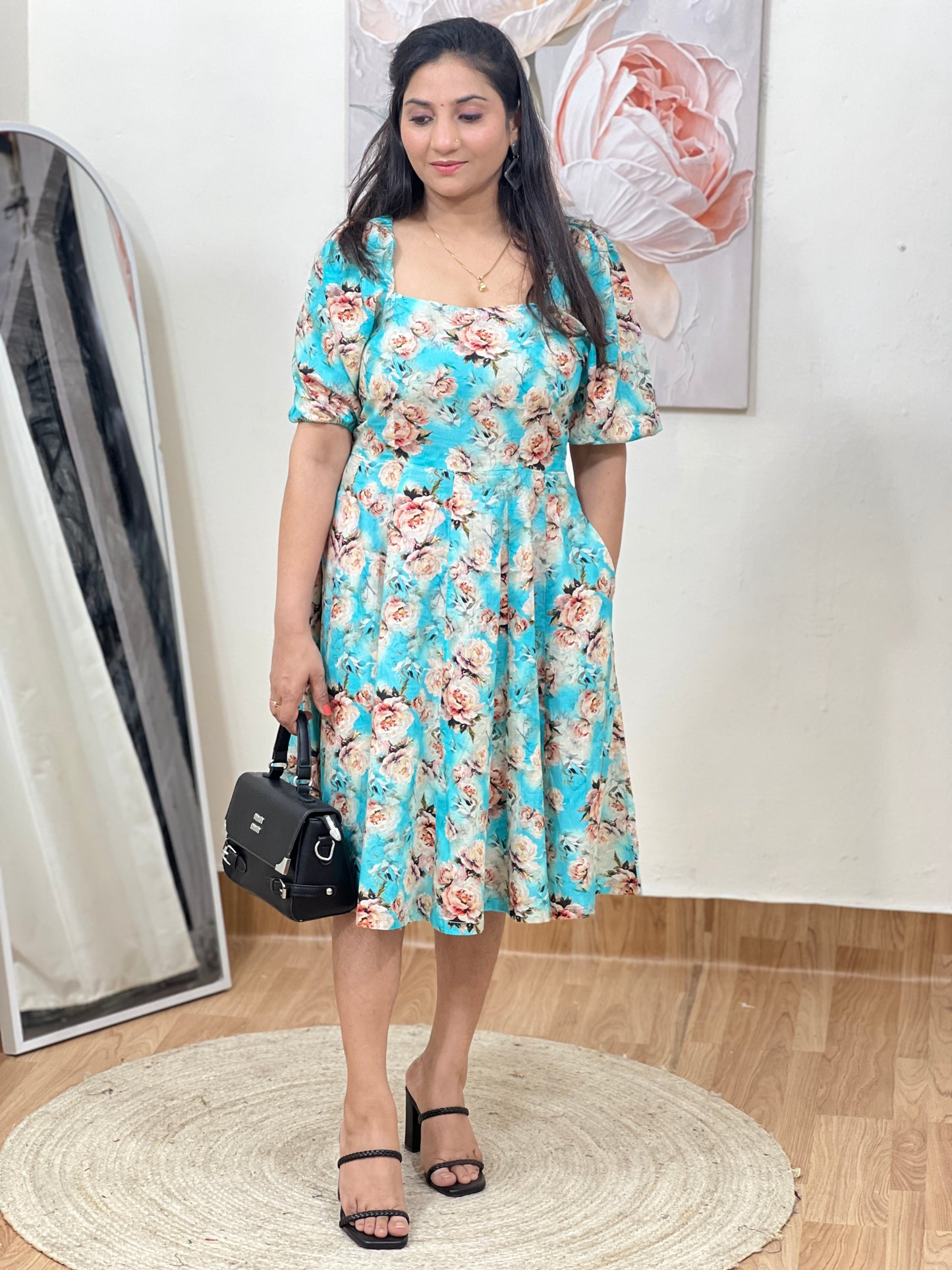 Cotton Blue Floral A-Line Midi Dress – Breezy Bohemian Everyday Wear (S–5XL)