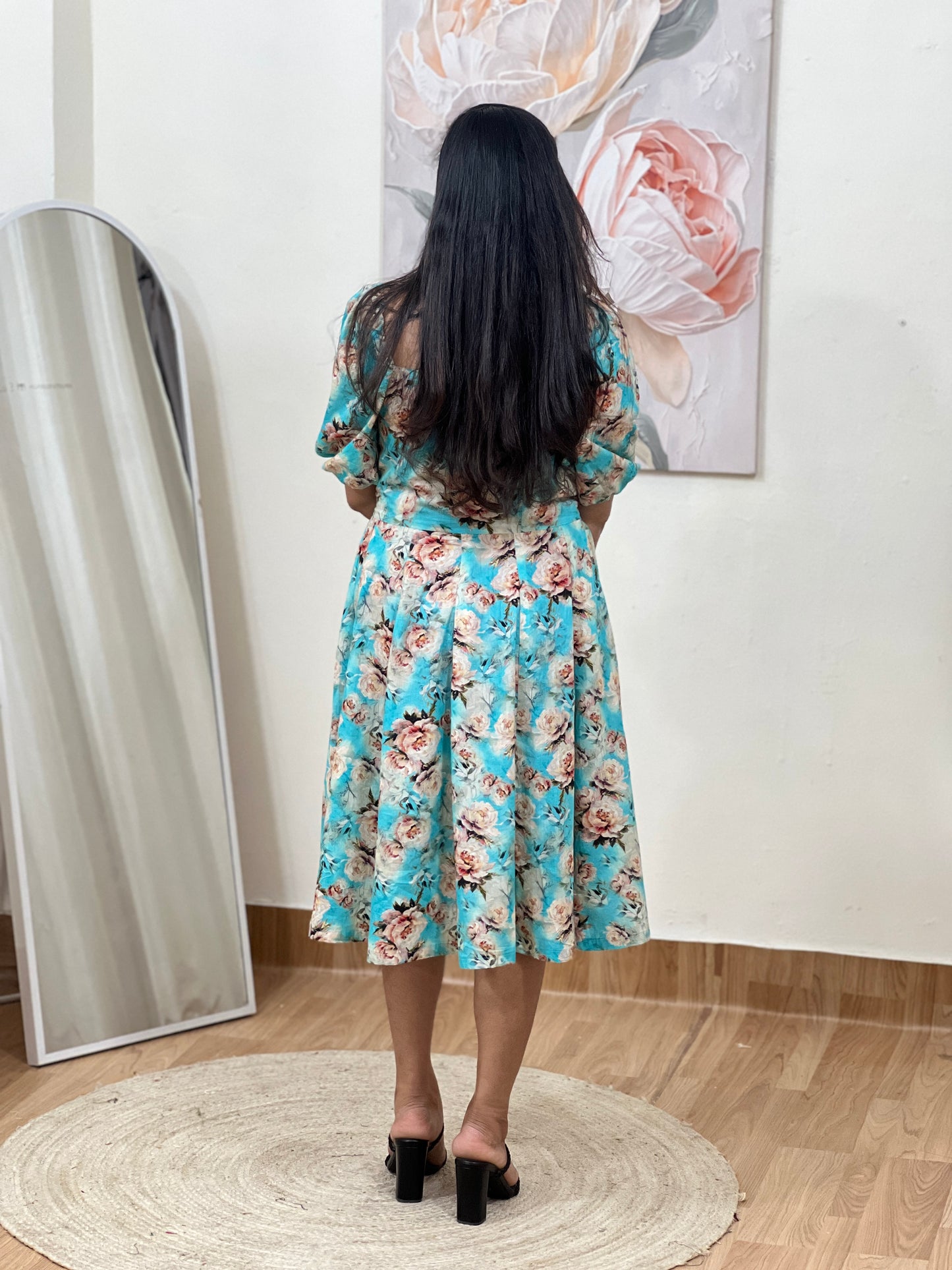 Cotton Blue Floral A-Line Midi Dress – Breezy Bohemian Everyday Wear (S–5XL)