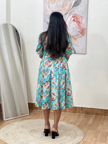 Cotton Blue Floral A-Line Midi Dress – Breezy Bohemian Everyday Wear (S–5XL)