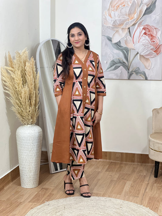 Cotton Geometric Print Midi Dress – Artistic Modern Casual Ethnic (S–5XL)