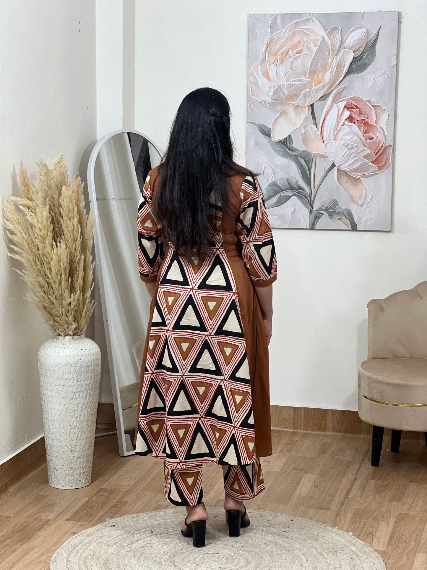 Cotton Geometric Print Midi Dress – Artistic Modern Casual Ethnic (S–5XL)