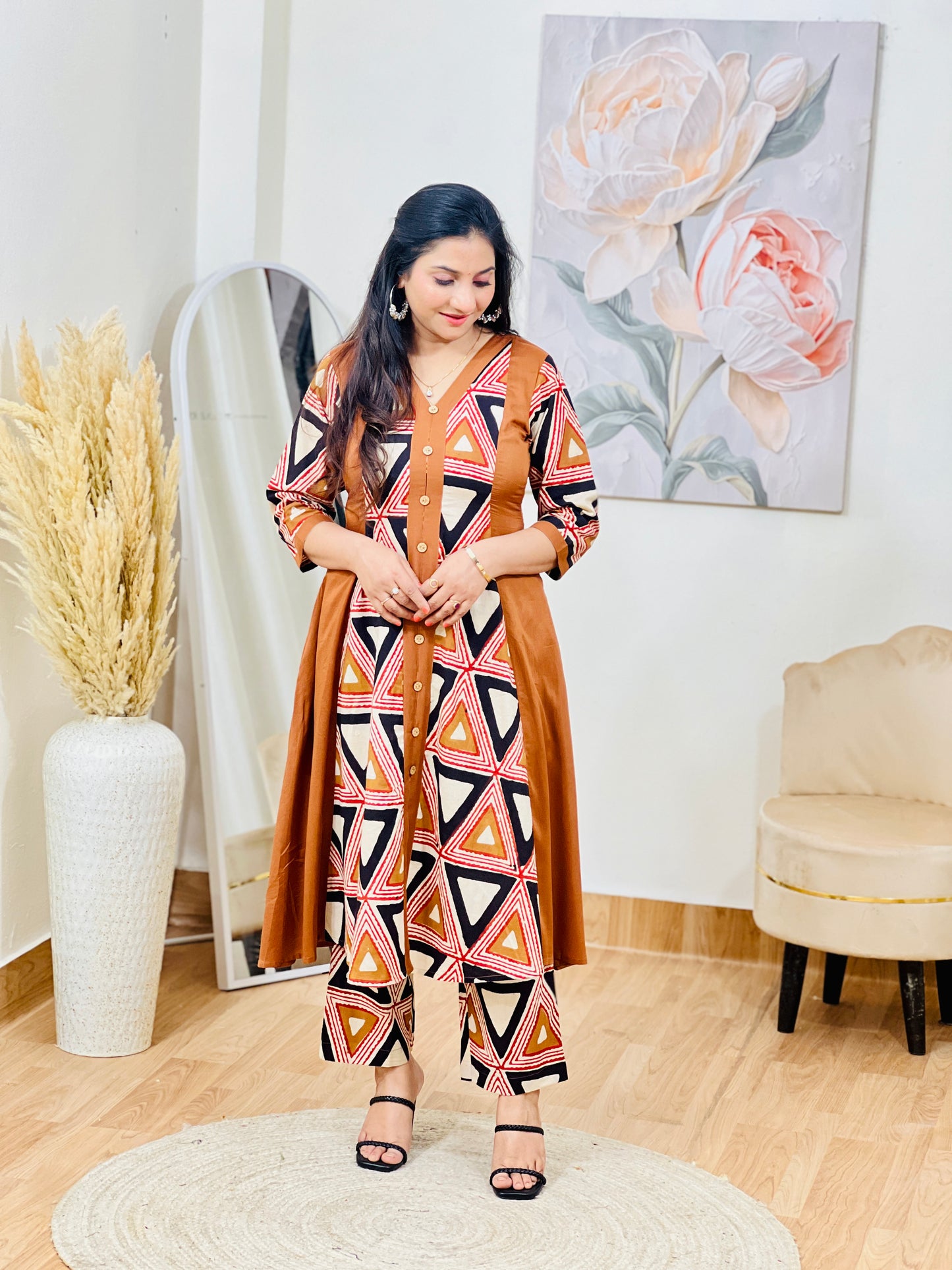 Cotton Geometric Print Midi Dress – Artistic Modern Casual Ethnic (S–5XL)