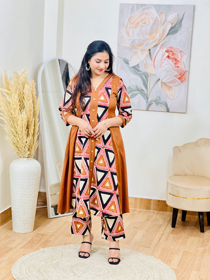 Cotton Geometric Print Midi Dress – Artistic Modern Casual Ethnic (S–5XL)