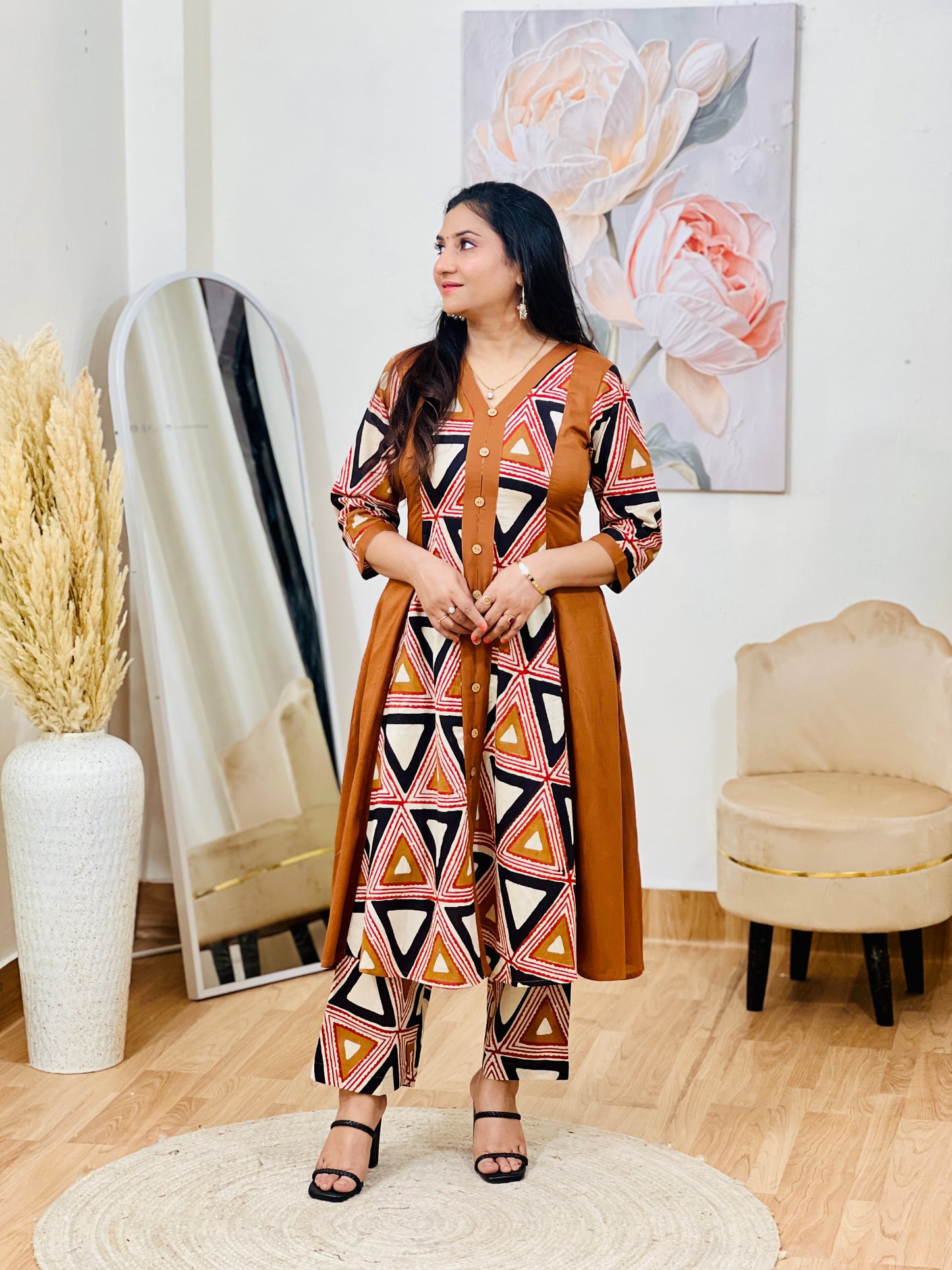 Cotton Geometric Print Midi Dress – Artistic Modern Casual Ethnic (S–5XL)