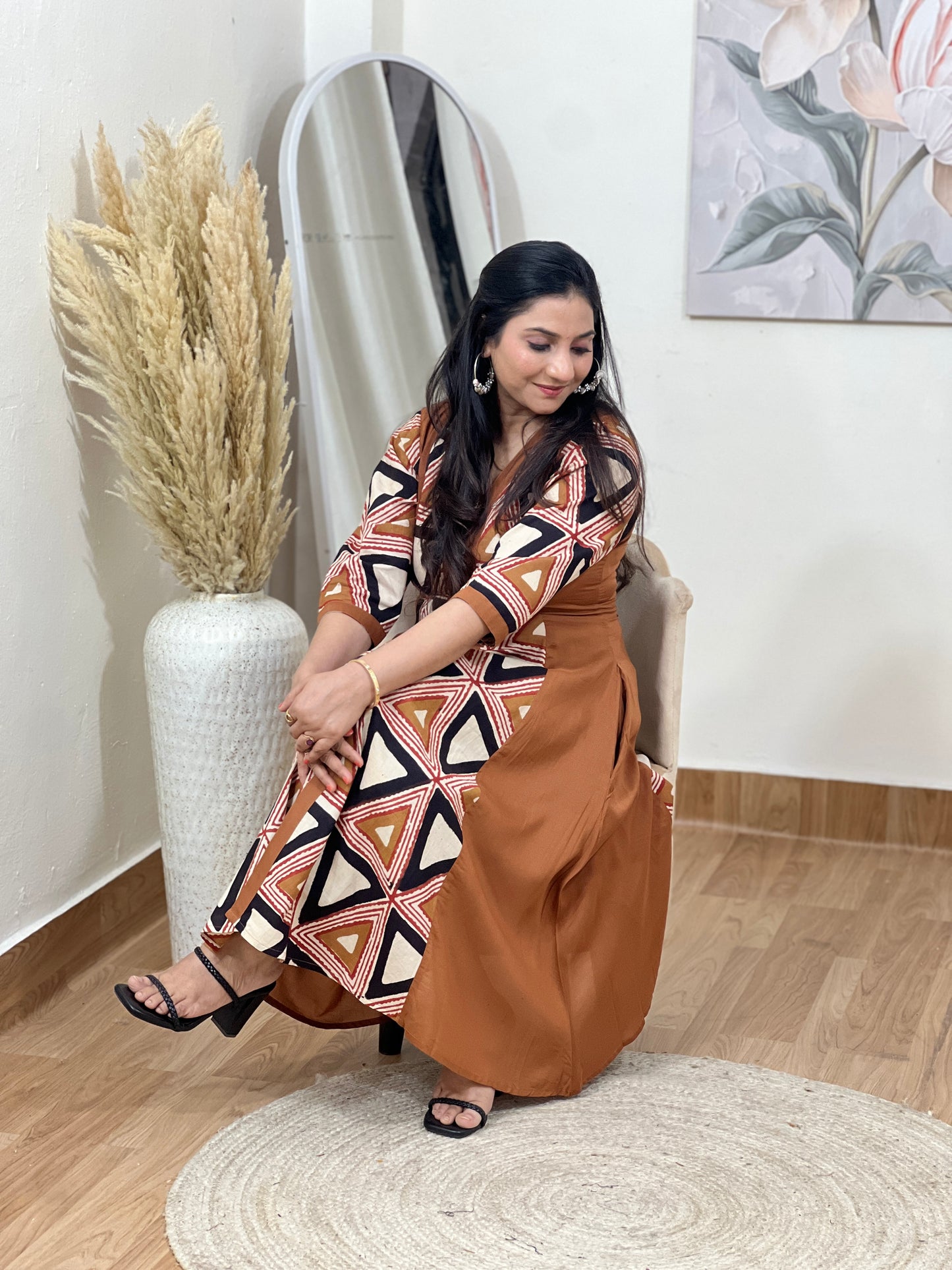 Cotton Geometric Print Midi Dress – Artistic Modern Casual Ethnic (S–5XL)