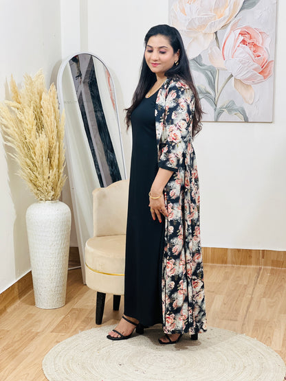 Cotton Floral Long Jacket with Side Slit Maxi Dress – Dramatic Bohemian Ethnic (S–5XL)