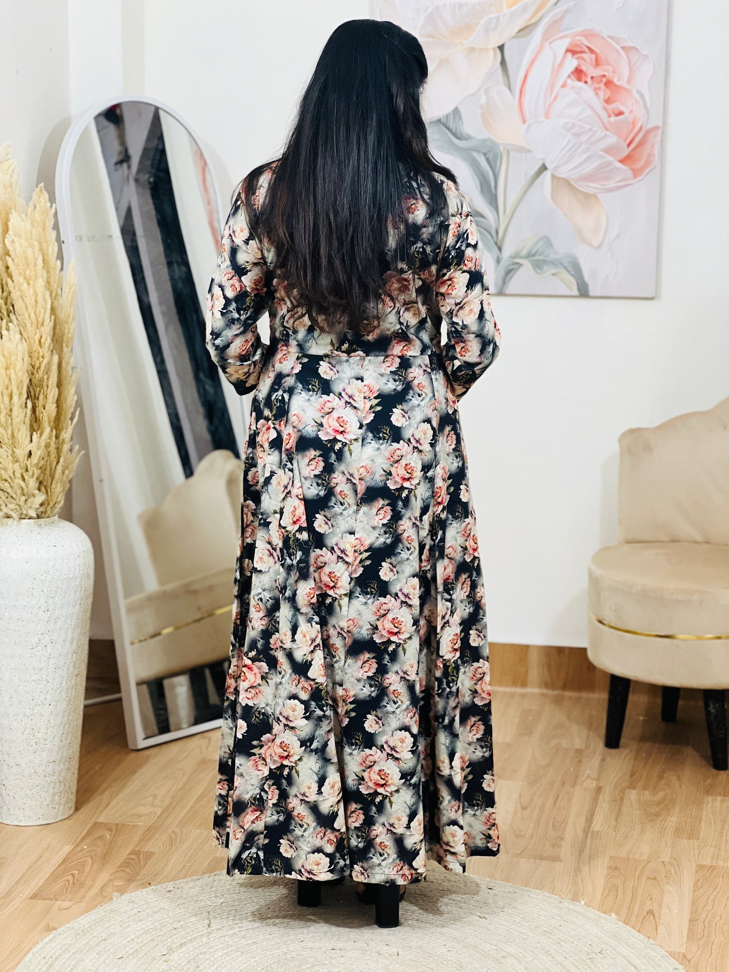 Cotton Floral Long Jacket with Side Slit Maxi Dress – Dramatic Bohemian Ethnic (S–5XL)