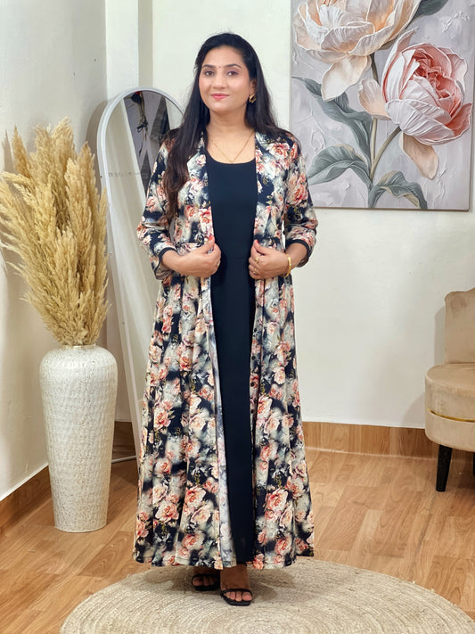Cotton Floral Long Jacket with Side Slit Maxi Dress – Dramatic Bohemian Ethnic (S–5XL)