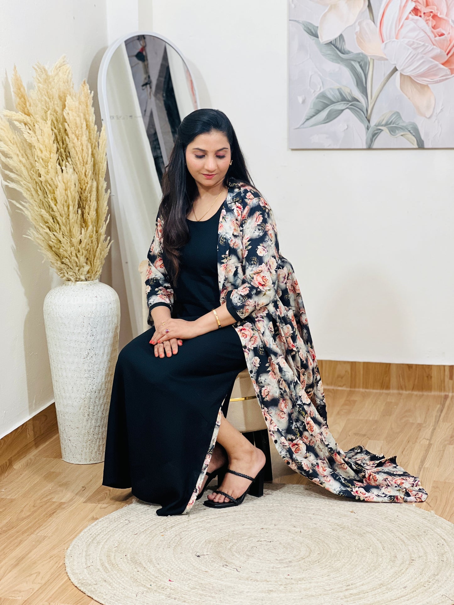Cotton Floral Long Jacket with Side Slit Maxi Dress – Dramatic Bohemian Ethnic (S–5XL)