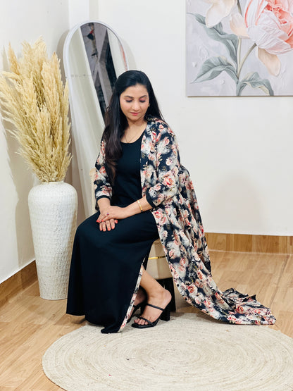 Cotton Floral Long Jacket with Side Slit Maxi Dress – Dramatic Bohemian Ethnic (S–5XL)