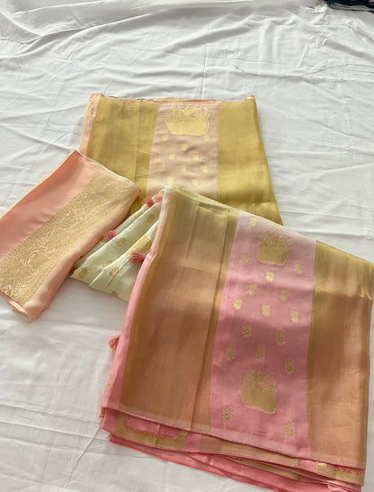 Soft Silk Pink and Gold Banarasi Saree – Luxe Festive Royal Elegance (One Size)