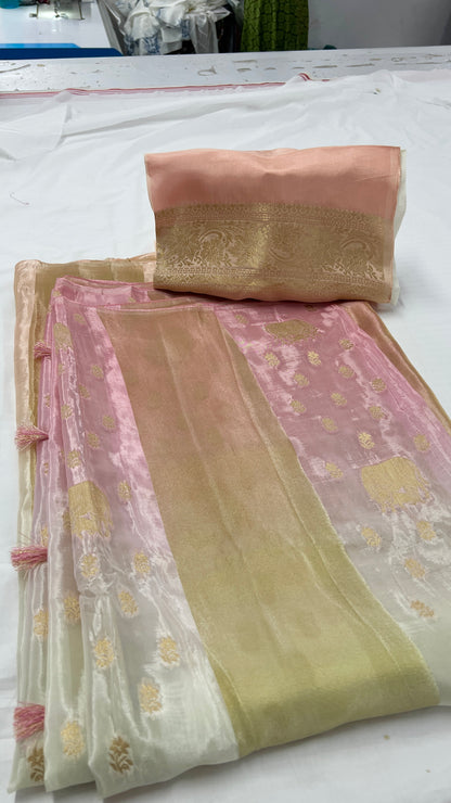Soft Silk Pink and Gold Banarasi Saree – Luxe Festive Royal Elegance (One Size)